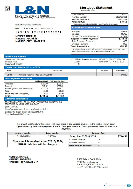 Download USA Kentucky L&N Federal Credit Union mortgage statement scr Photoshop template